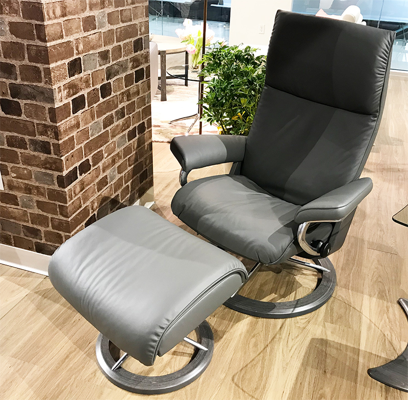 Stressless Aura Signature Batick Grey Leather Recliner Chair and Ottoman by Ekornes