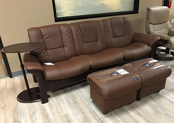 Buckingham Low Back Sofa in Paloma Brown Leather with Medium Soft Ottomans