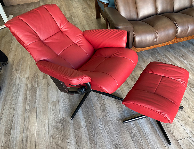 Stressless Mayfair Signature Matte Black Base Paloma Cherry Recliner Chair and Ottoman by Ekornes