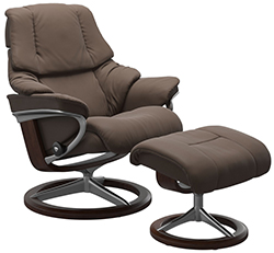 Stressless Reno Signature Polished Aluminum and Wood Base Recliner Chair and Ottoman