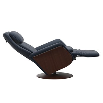 Paloma Oxford Blue Leather Stressless Sam Wood Swivel Recliner Chair Reclined by Ekornes