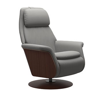 Paloma Silver Grey Leather Stressless Sam Wood Swivel Recliner Chair by Ekornes