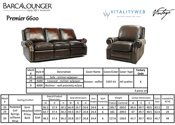 Barcalounger Premier Recliner and Sofa Dimensions